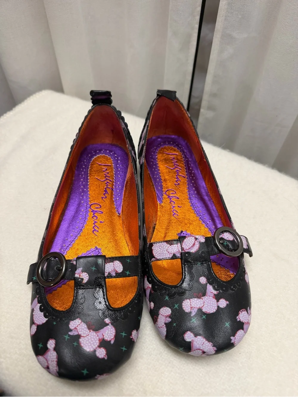 Irregular Choice Black Mary Jane Flats with Pink Poodle Motif